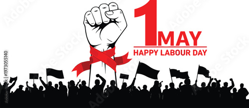 Happy Labour Day Fist And Crowd With Flags On White Background vector illustration