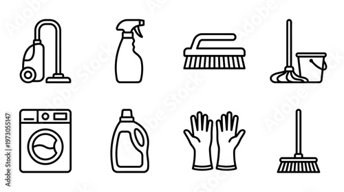 Black and white line icons of household cleaning tools, including vacuum, mop, spray bottle, gloves, broom, dustpan, detergent, washing machine.
