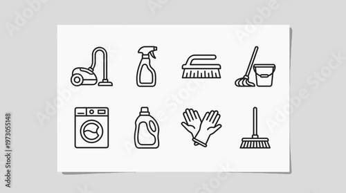 Black and white line icons of household cleaning tools, including vacuum, mop, spray bottle, gloves, broom, dustpan, detergent, washing machine.