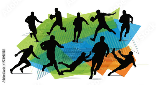 Close-up portrait of a rugby player with ball in action. Sports concept.Black silhouettes of professional rugby players in action, running, kicking ball, passing, tackling during match, isolated