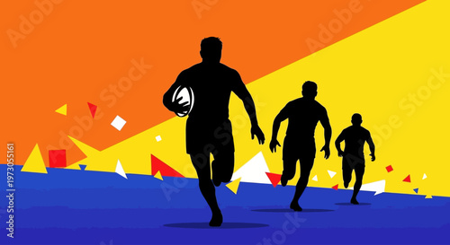 Close-up portrait of a rugby player with ball in action. Sports concept.Black silhouettes of professional rugby players in action, running, kicking ball, passing, tackling during match, isolated