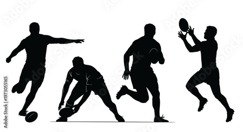 Close-up portrait of a rugby player with ball in action. Sports concept.Black silhouettes of professional rugby players in action, running, kicking ball, passing, tackling during match, isolated