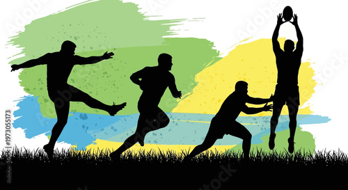 Close-up portrait of a rugby player with ball in action. Sports concept.Black silhouettes of professional rugby players in action, running, kicking ball, passing, tackling during match, isolated