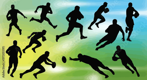 Close-up portrait of a rugby player with ball in action. Sports concept.Black silhouettes of professional rugby players in action, running, kicking ball, passing, tackling during match, isolated