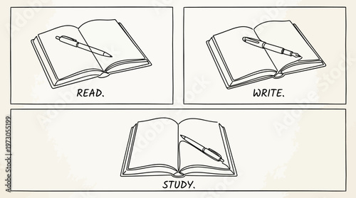 Minimalist line drawing of open book with pen, symbolizing reading, writing, studying, literacy, education, learning, knowledge, academic pursuit.