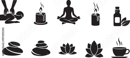 Black and white icons representing various spa treatments and symbols