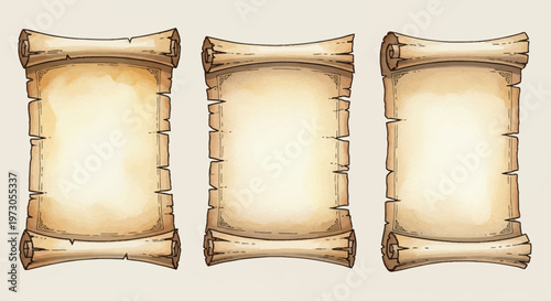 Watercolor parchment scroll, hand drawn manuscript papyrus paper, magic medieval vintage sheet roll. Empty antique game menu banner, document grunge torn edge, ancient pirate map. Parchment scroll set