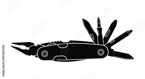 Black multi tool with various blades and attachments distinct silhouette high quality