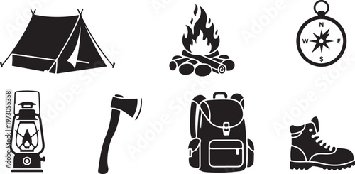 A collection of camping icons on a white background