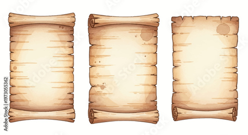 Watercolor parchment scroll, hand drawn manuscript papyrus paper, magic medieval vintage sheet roll. Empty antique game menu banner, document grunge torn edge, ancient pirate map. Parchment scroll set