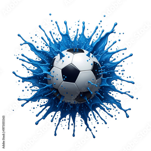 Soccer ball explosion a dynamic splash of blue and white.
