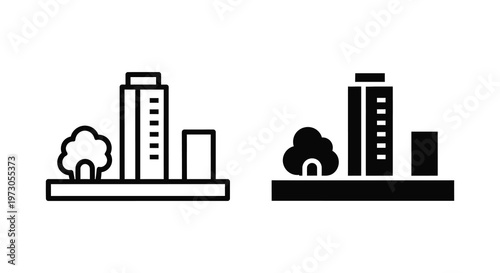 Minimalist cityscape illustration with two building arrangements a striking silhouette