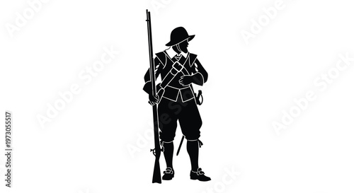 A standing colonial soldier with musket depicted as a stark silhouette