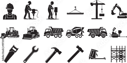 Construction icons featuring workers, vehicles, and tools