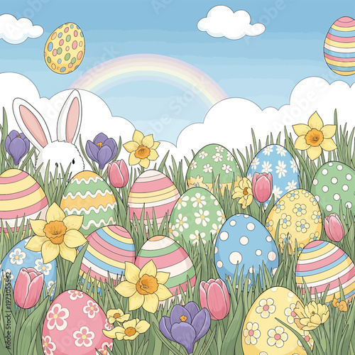 Colorful Easter eggs in grass.