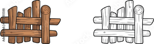 Wooden fence illustration & outline set isolated on transparent background 