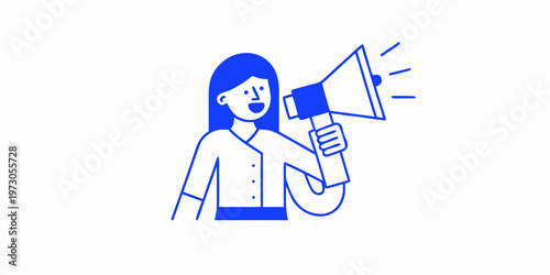 Woman announcing with a megaphone in a simple blue line art style