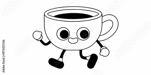 Animated coffee cup character cheerfully runs with arms and legs