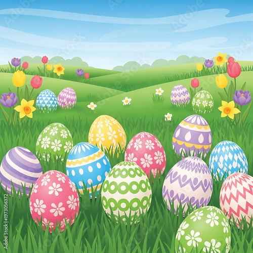 Colorful Easter Eggs in Grass.