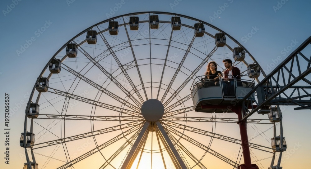 Fototapeta premium Bright Ferris Wheel at Dusk with People in Elevator Cabin