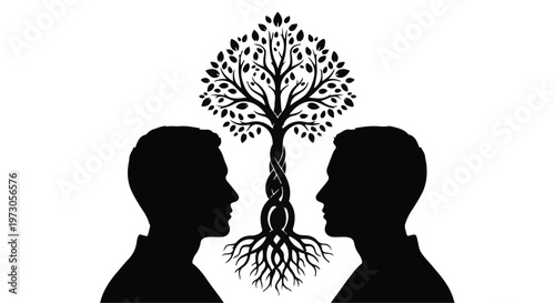 Silhouettes of two men facing each other with a stylized tree of life connecting them, symbolizing connection and shared growth.