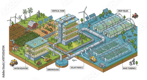 Sustainable Agriculture Technology: Vertical Farm, Greenhouse, Solar, Wind Power, Water Reservoir