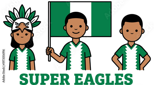 Cartoon children wearing green and white super eagles uniforms with nigeria flag