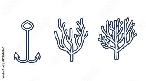 Outlined illustrations of nautical anchor and stylized plant forms on a white background