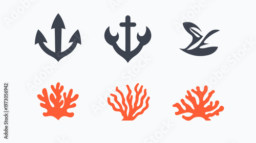 Collection of stylized nautical-themed icons, including anchors and coral illustrations