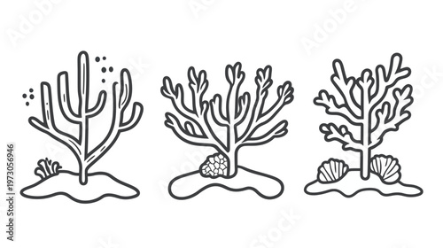 A monochrome illustration showcasing three stylized coral or plant lifeforms, each on a simple base