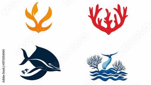 Collection of stylized ocean-themed designs, featuring marine life and coral in vibrant colors