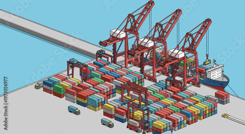 Isometric Port Cranes Loading Shipping Containers onto Cargo Ship, Logistics and Transport
