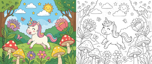 Adorable Cartoon Unicorn Running Happily Through a Magical Forest Landscape.