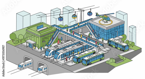 Modern Multimodal Transportation Hub: Trains, Buses, Cable Cars, Helicopter Pad