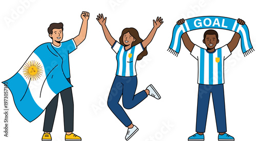 Three people celebrating with argentine flag and soccer goal scarf
