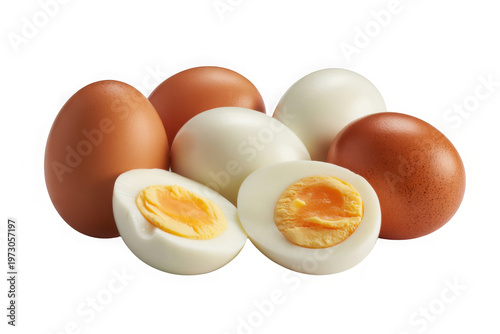 Group of Whole and Halved Boiled Eggs with Rich Orange Yolks - Isolated Food Photography Transparent Background