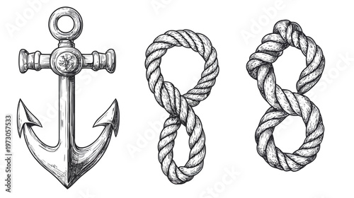 Black and white illustration of an anchor and two number eight rope knots on a white background