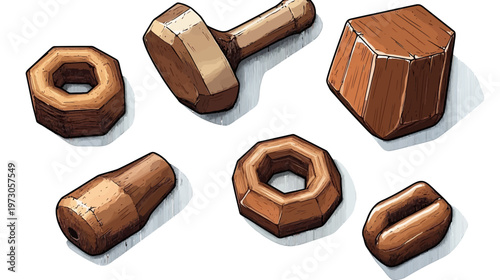 Stylized illustration of wooden objects, featuring a hammer and various geometric shapes