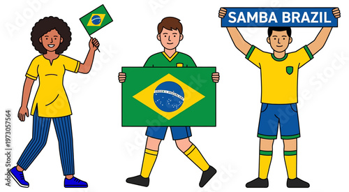 Brazilian people holding brazil flag and samba banner celebrating