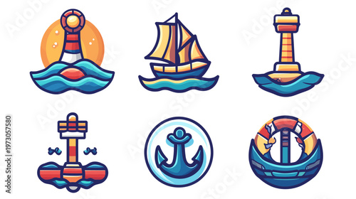 Colorful vector illustrations of nautical elements including lighthouses, boats, anchors, and life preservers