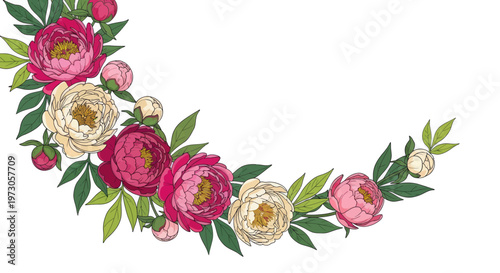 Delicate floral arrangement with pink and cream peonies and green leaves