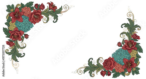 Vintage floral corner ornaments with deep red lilies, pink roses, hydrangeas