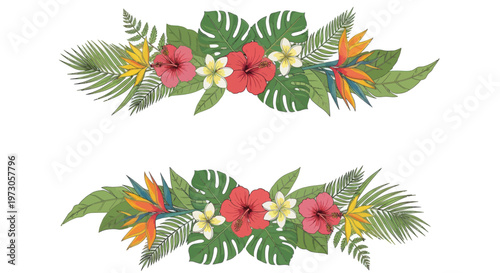 Decorative floral borders with tropical flowers and lush green leaves