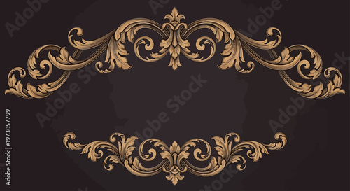 Ornate gold scrollwork frames a dark, textured background with elaborate patterns