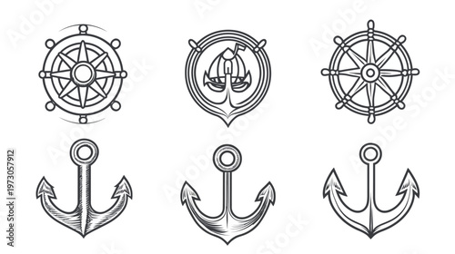 Set of nautical-themed line art including steering wheels, a compass, and anchors
