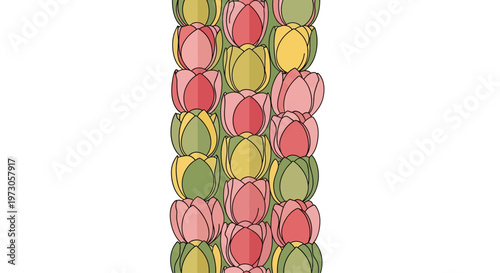 Seamless vertical pattern of stylized tulips in red, pink, yellow, and green on a light green background