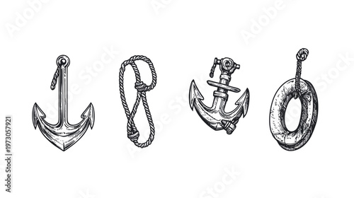 Four nautical line drawings on white background of an anchor, rope, and life preserver