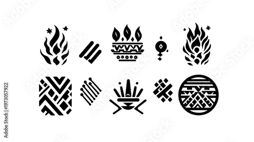 Black graphic elements set on white background. Different shapes like fire, geometric and abstract designs