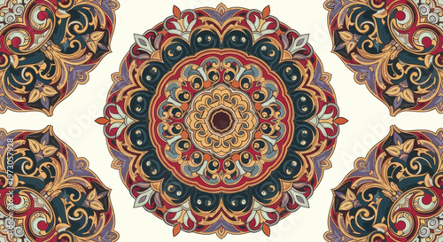 Intricate circular floral pattern with ornate scrollwork and rich, muted colors