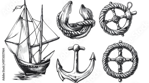 Hand-drawn nautical illustration featuring a sailboat, anchor, rope, and ship steering wheel